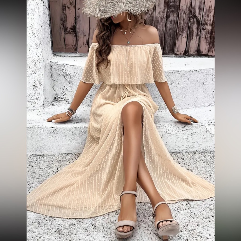 Cream Ruffled Off-Shoulder Maxi Sundress - Picture 4 of 11